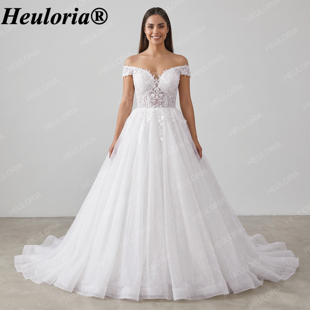 Off-the-Shoulder Lace & Glitter Tulle Ball Gown Wedding Dress BA-141