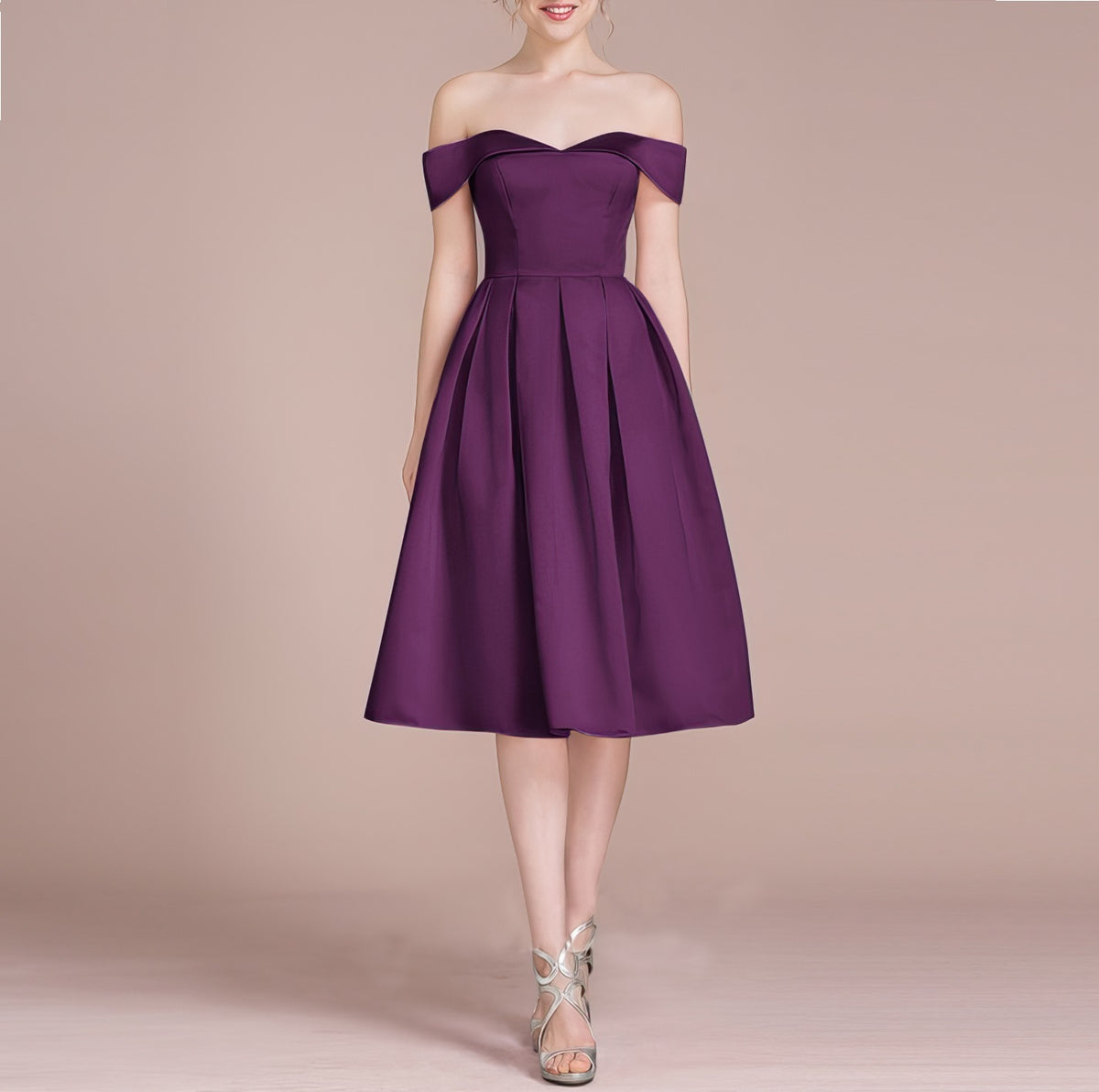HEULORIA Off-Shoulder Satin A-Line Cocktail Dress with Pleated Skirt ED-15