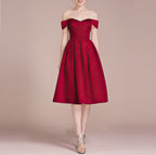 HEULORIA Off-Shoulder Satin A-Line Cocktail Dress with Pleated Skirt ED-15