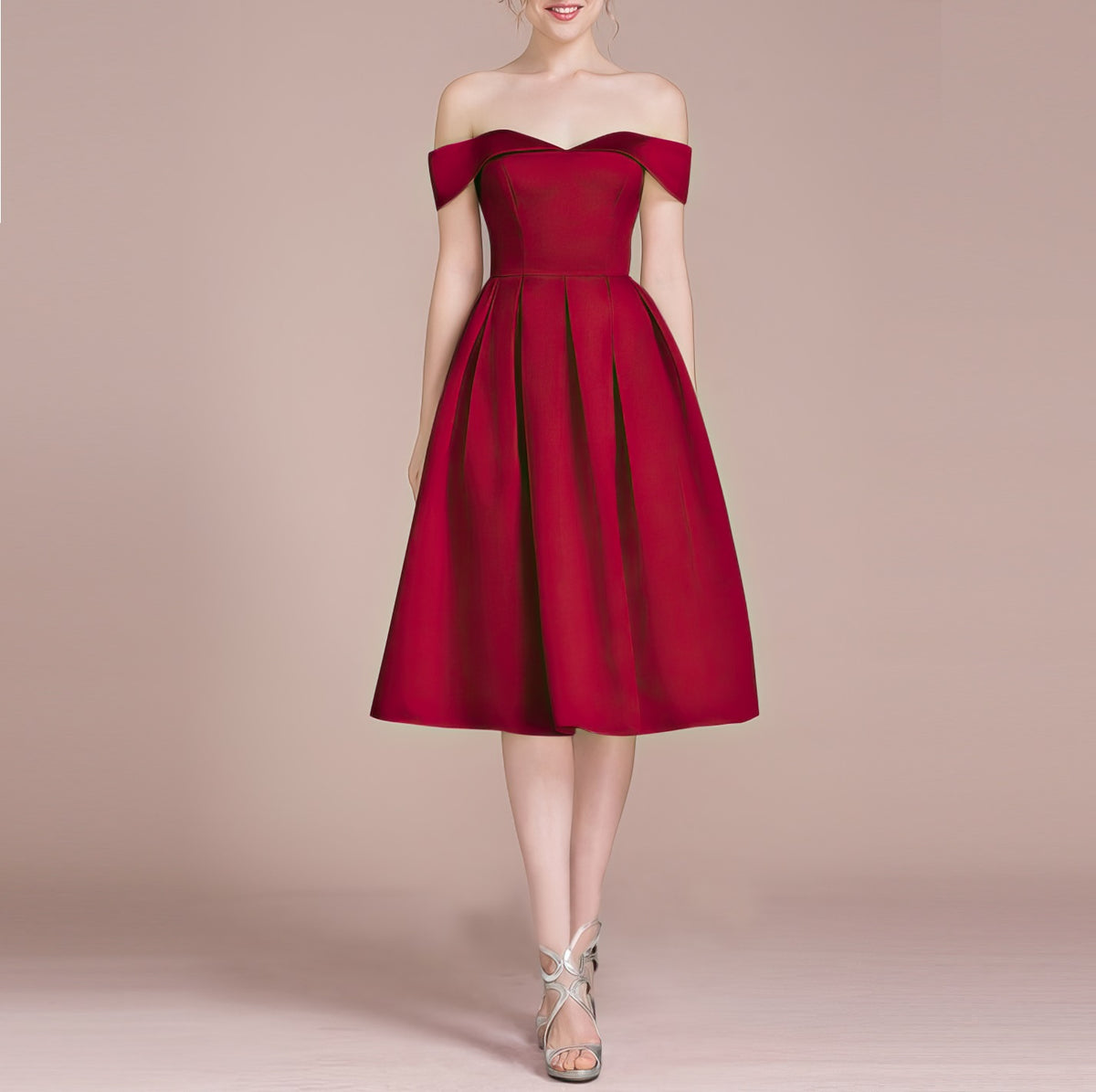 HEULORIA Off-Shoulder Satin A-Line Cocktail Dress with Pleated Skirt ED-15