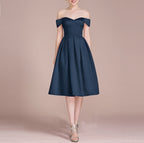 HEULORIA Off-Shoulder Satin A-Line Cocktail Dress with Pleated Skirt ED-15