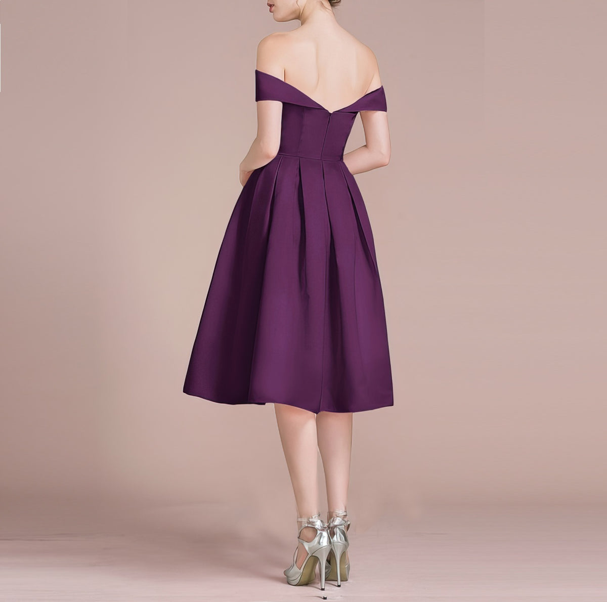HEULORIA Off-Shoulder Satin A-Line Cocktail Dress with Pleated Skirt ED-15