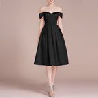 HEULORIA Off-Shoulder Satin A-Line Cocktail Dress with Pleated Skirt ED-15
