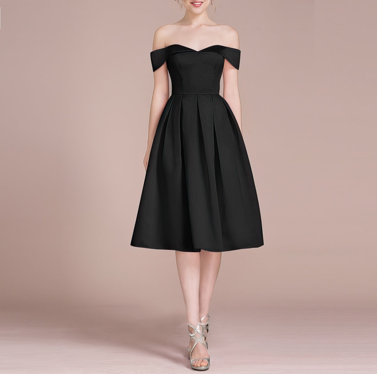 HEULORIA Off-Shoulder Satin A-Line Cocktail Dress with Pleated Skirt ED-15