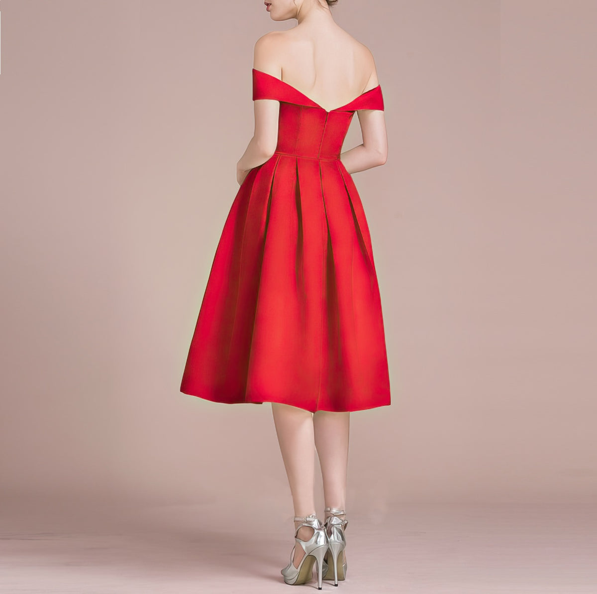 HEULORIA Off-Shoulder Satin A-Line Cocktail Dress with Pleated Skirt ED-15