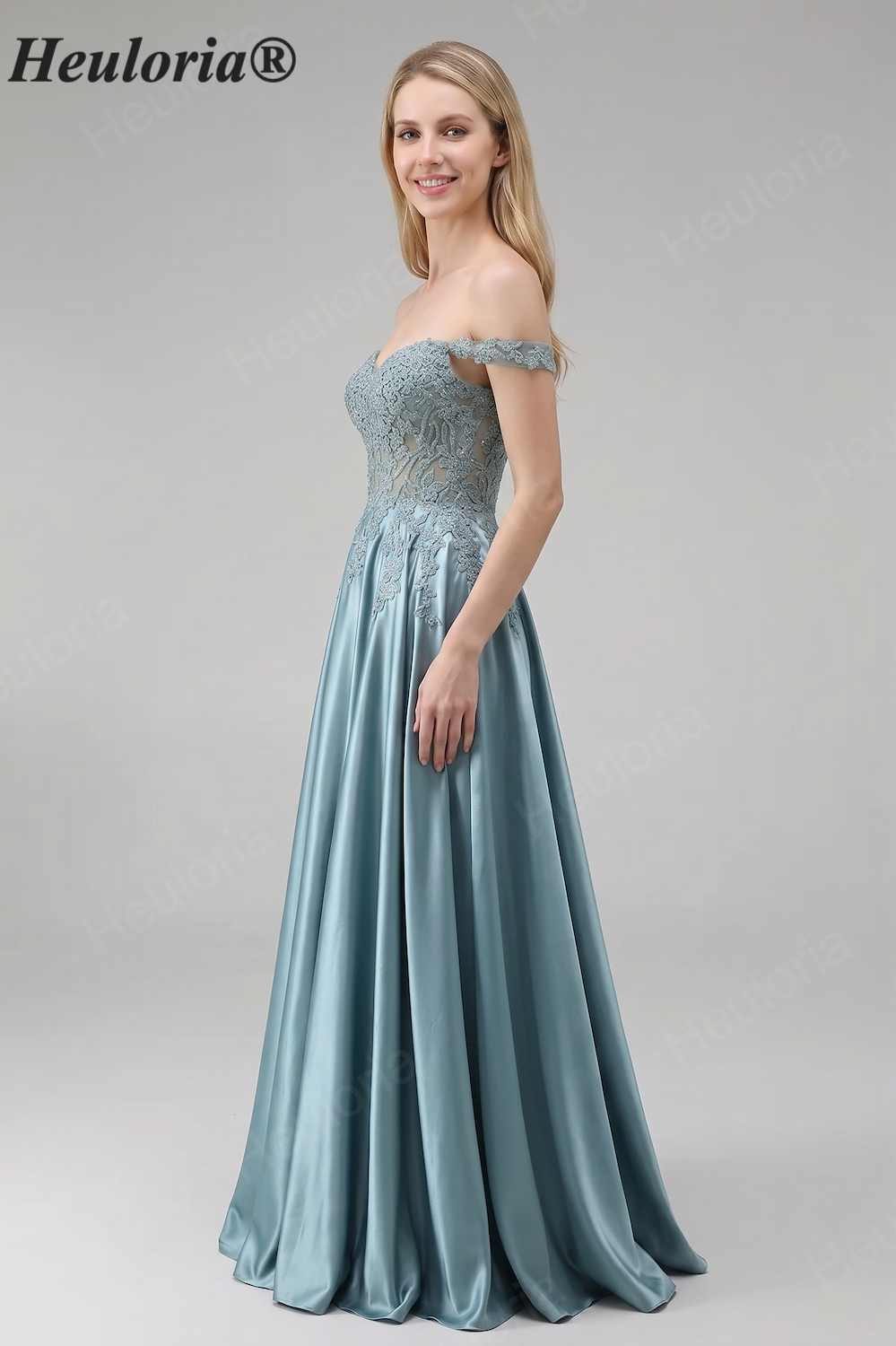 Heuloria Off-the-Shoulder Illusion Lace Bodice Satin A-Line Evening Gown ED-501