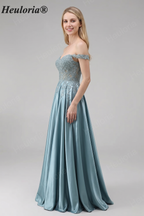 Heuloria Off-the-Shoulder Illusion Lace Bodice Satin A-Line Evening Gown ED-501