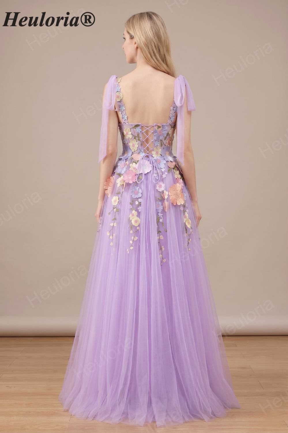 HEULORIA Whimsical 3D Floral Appliqué A-Line Prom Dress with Fairy Tie-Straps ED-444 Imagen secundaria del producto