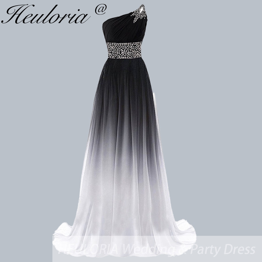 One-Shoulder Ombre Chiffon Prom Dress | Elegant Beaded Evening Gown Black White / 4 One-Shoulder Ombre Chiffon Prom Dress | Elegant Beaded Evening Gown Black White / 4