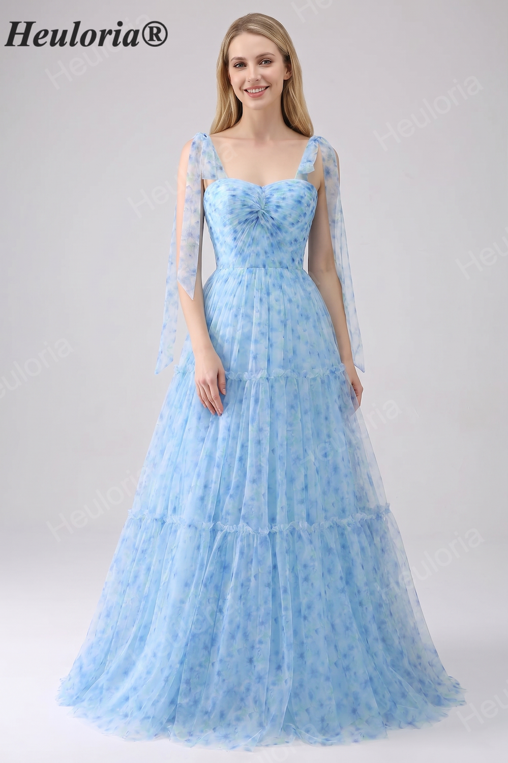 HEULORIA Ethereal Light Blue Floral Print Tiered Tulle Gown with Tie-Up Straps and Corset Back ED-659 Imagen principal del producto