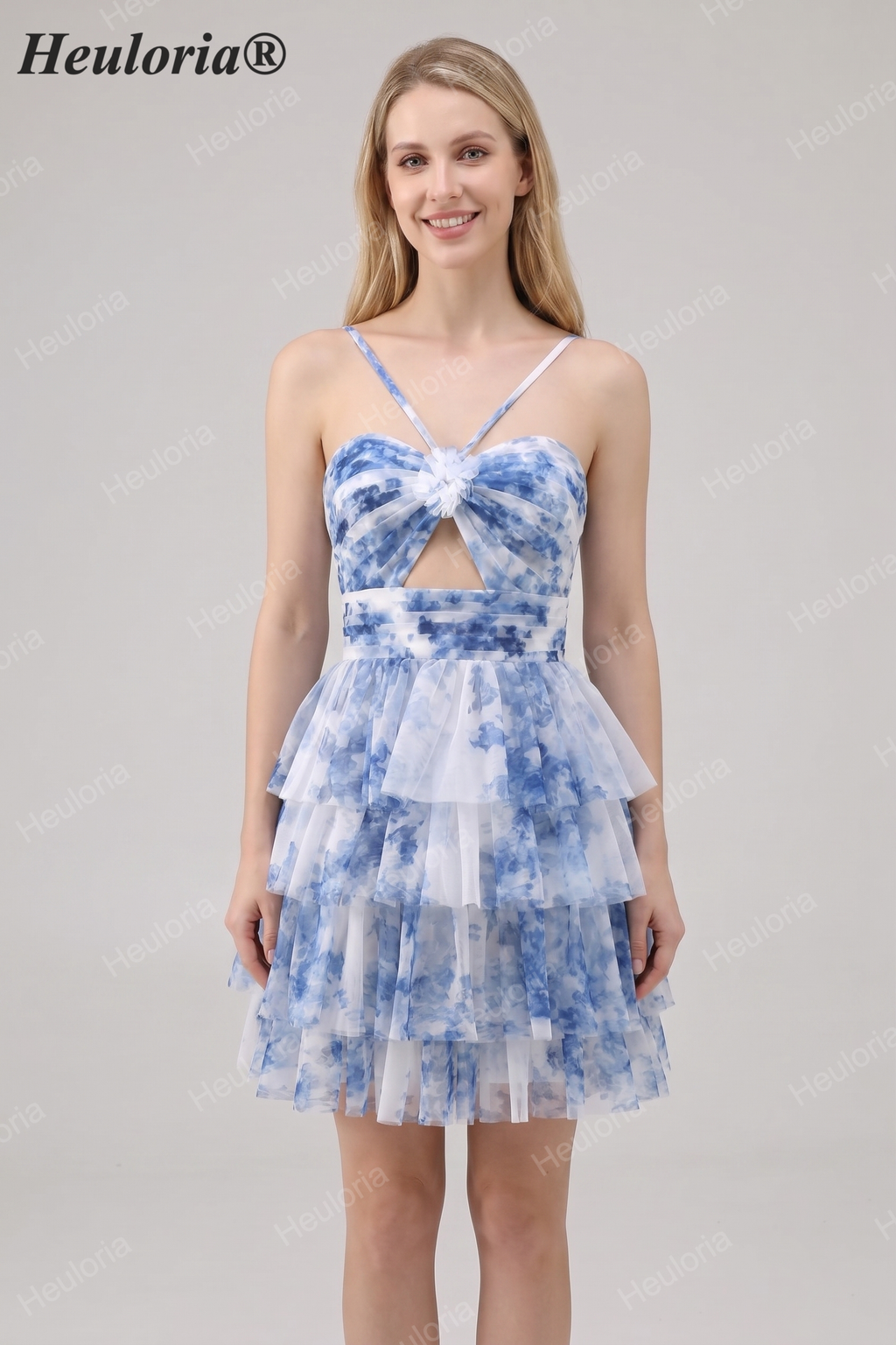 HEULORIA 3D Floral Accent Tiered Tulle Mini Dress - Sweetheart Halter Cutout Cocktail Dress ED-313