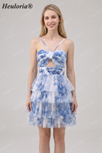 HEULORIA 3D Floral Accent Tiered Tulle Mini Dress - Sweetheart Halter Cutout Cocktail Dress ED-313