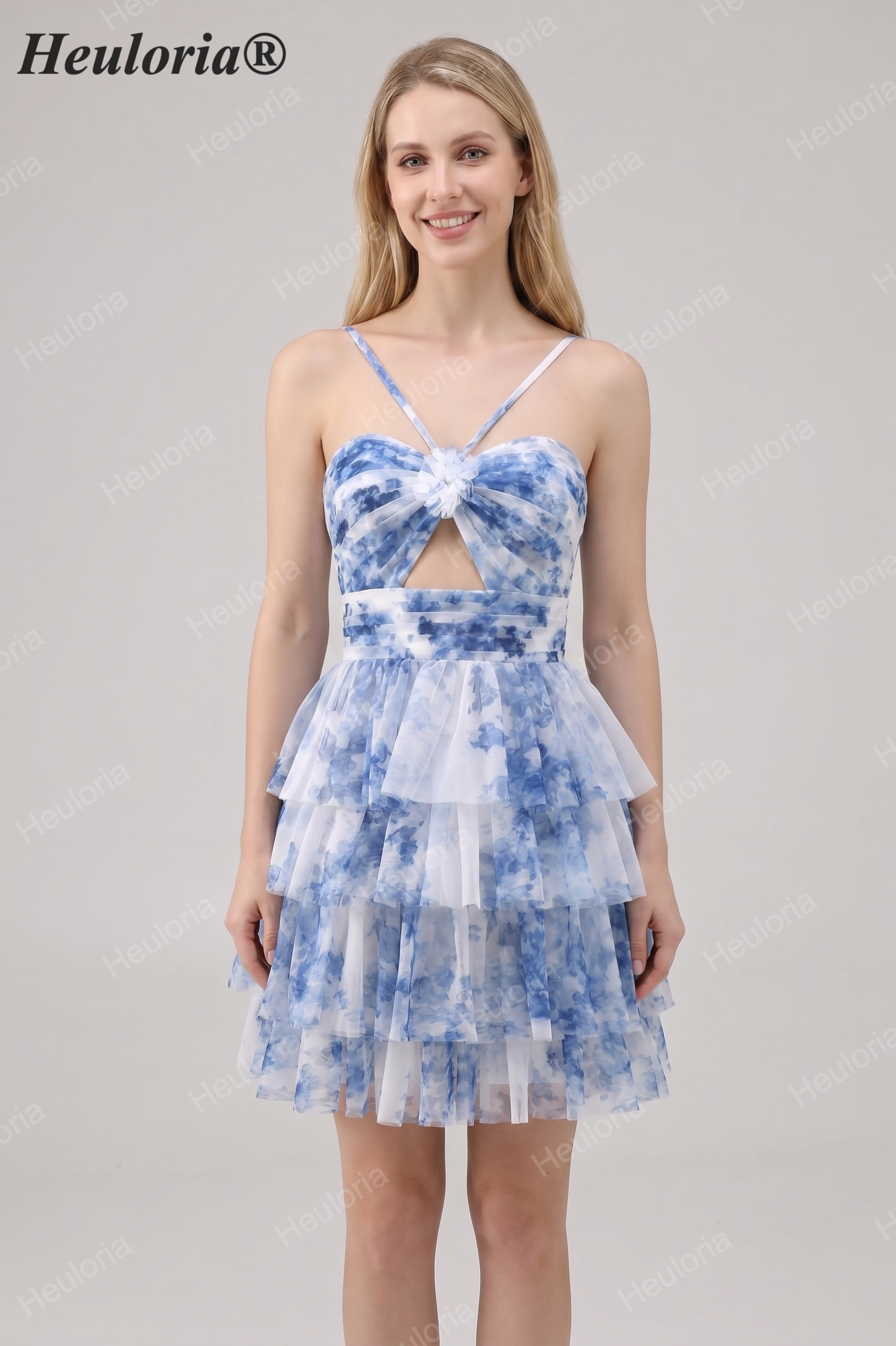 HEULORIA 3D Floral Accent Tiered Tulle Mini Dress - Sweetheart Halter Cutout Cocktail Dress ED-313