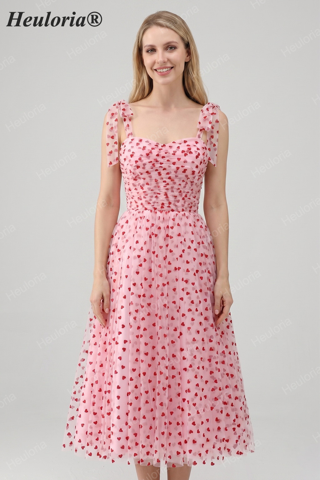 HEULORIA Romantic Pink Heart Print Tulle Midi Dress with Tie-Shoulder Bows ED-581