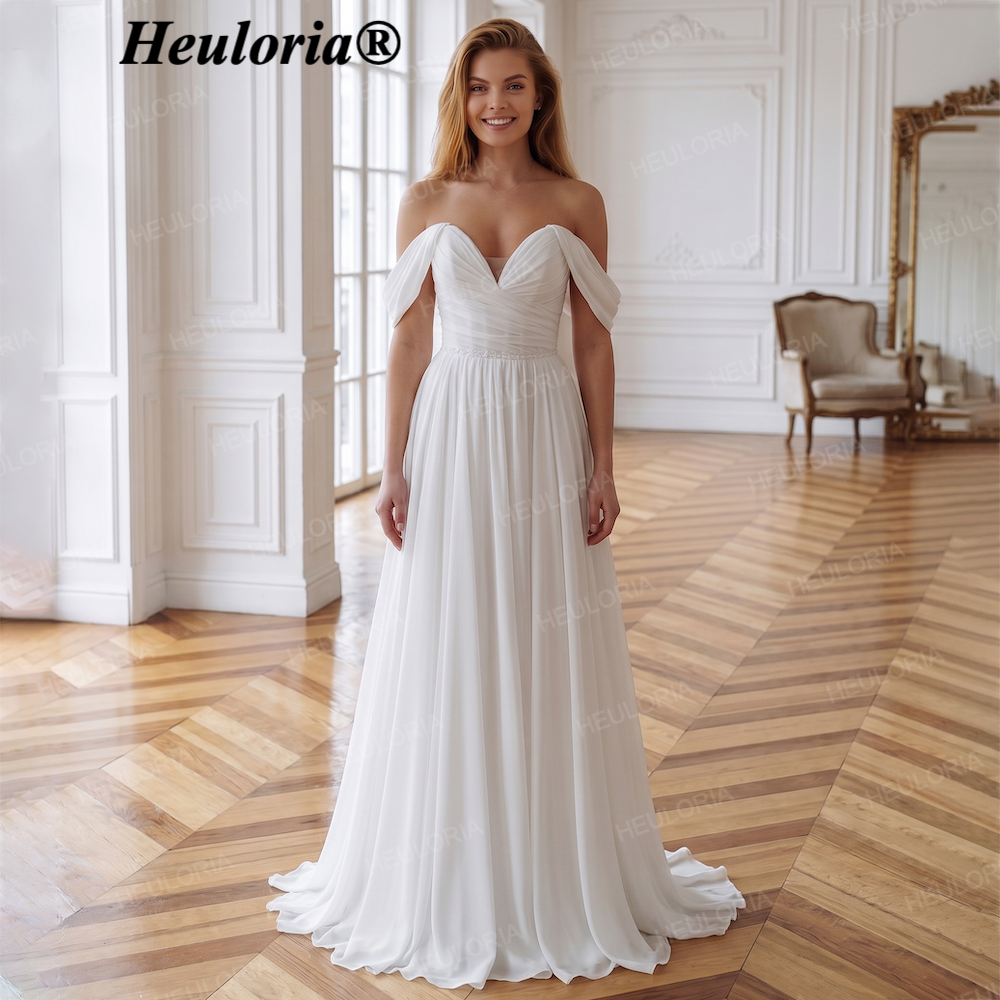 HEULORIA Ivory Sweetheart Off-the-Shoulder Chiffon Wedding Dress - Boho Romantic A-Line with Sweep Train AL-QK208