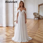 HEULORIA Ivory Sweetheart Off-the-Shoulder Chiffon Wedding Dress - Boho Romantic A-Line with Sweep Train AL-QK208