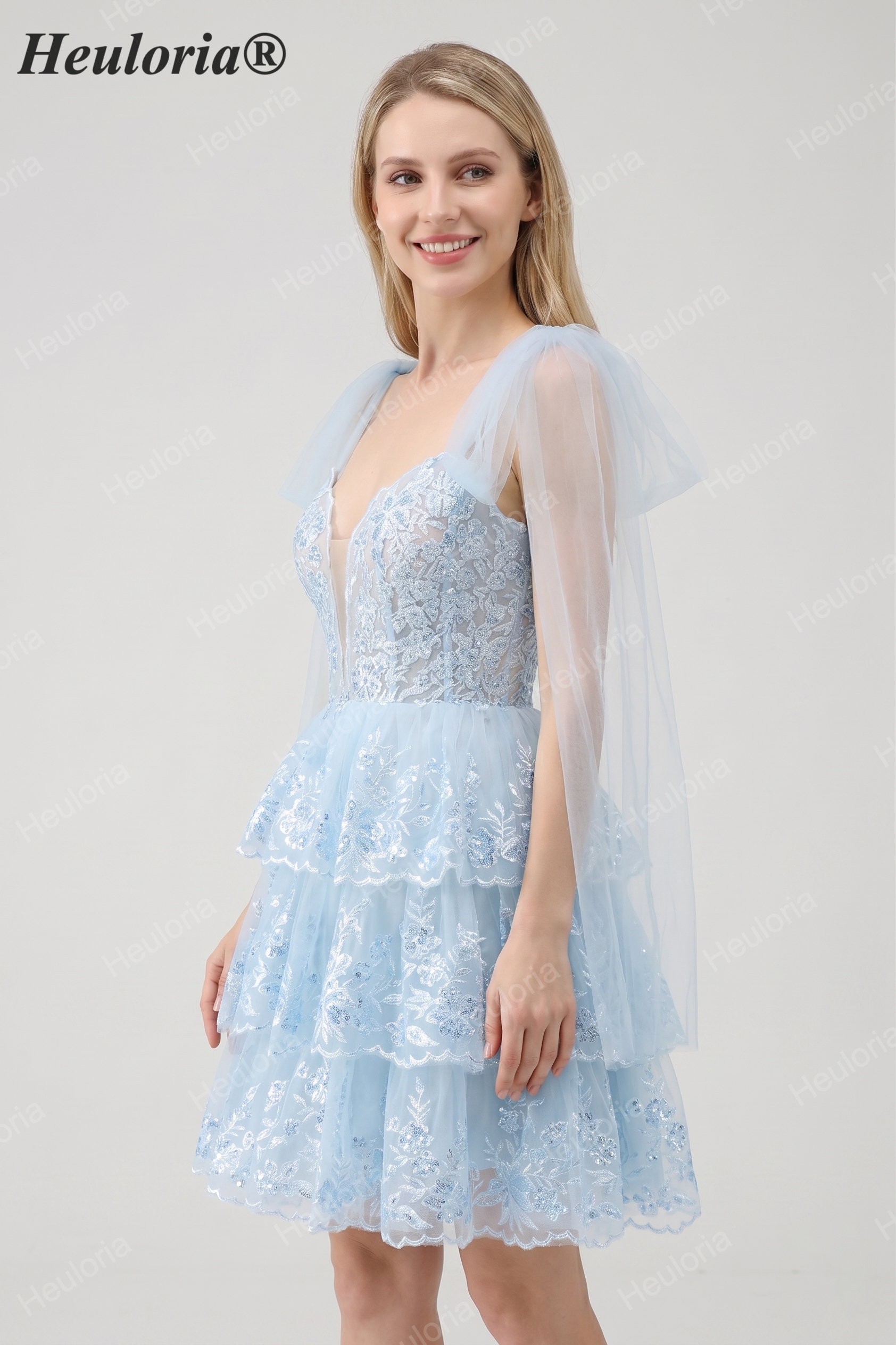 HEULORIA Sky Blue Floral Lace Tiered Mini Party Dress with Tulle Shoulder Streamers ED-593 Imagen secundaria del producto