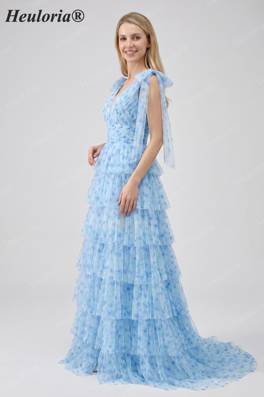 HEULORIA Ethereal Light Blue Floral Print Tiered Tulle Evening Gown with Tie-Up Shoulders ED-580