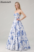 Heuloria Elegant Toile de Jouy Blue and White Porcelain Print A-Line Prom Dress with High Slit & Corset Bodice ED-513
