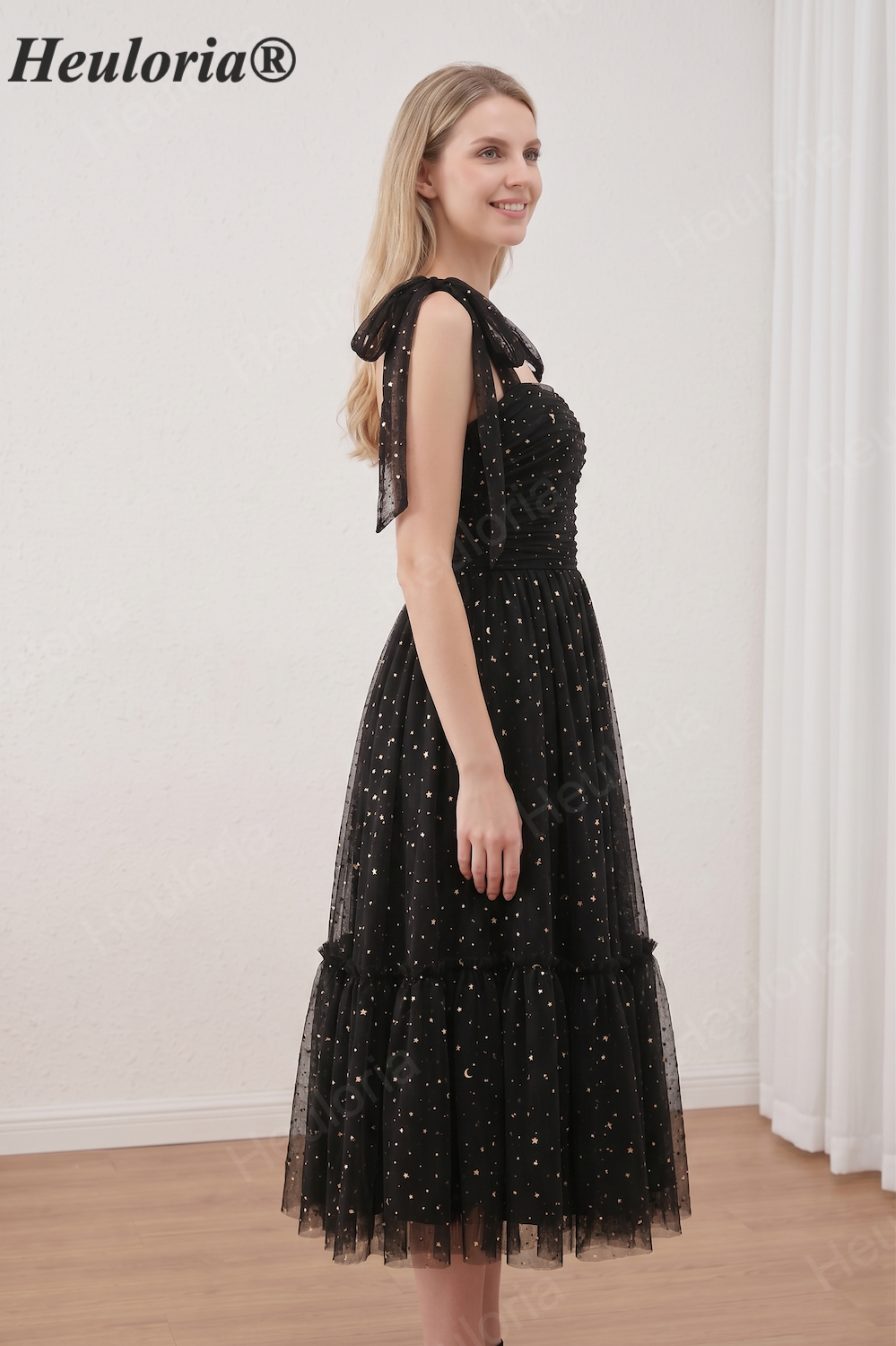 Navy Starry Tulle Tea Length Prom Dress with Lace-Up Back