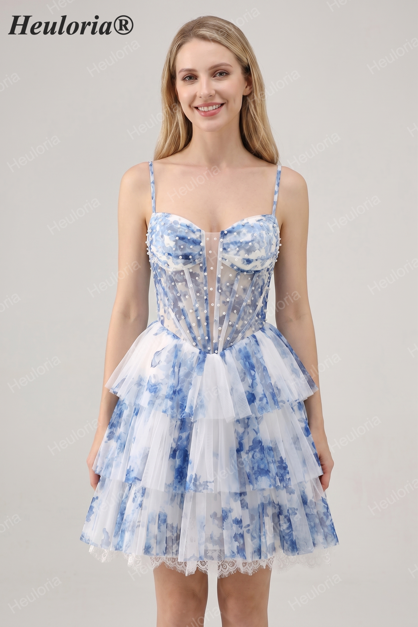 HEULORIA Whimsical Blue Floral Pearl Beaded Corset Mini Dress - Tiered Pleated Tulle Party Gown ED-613