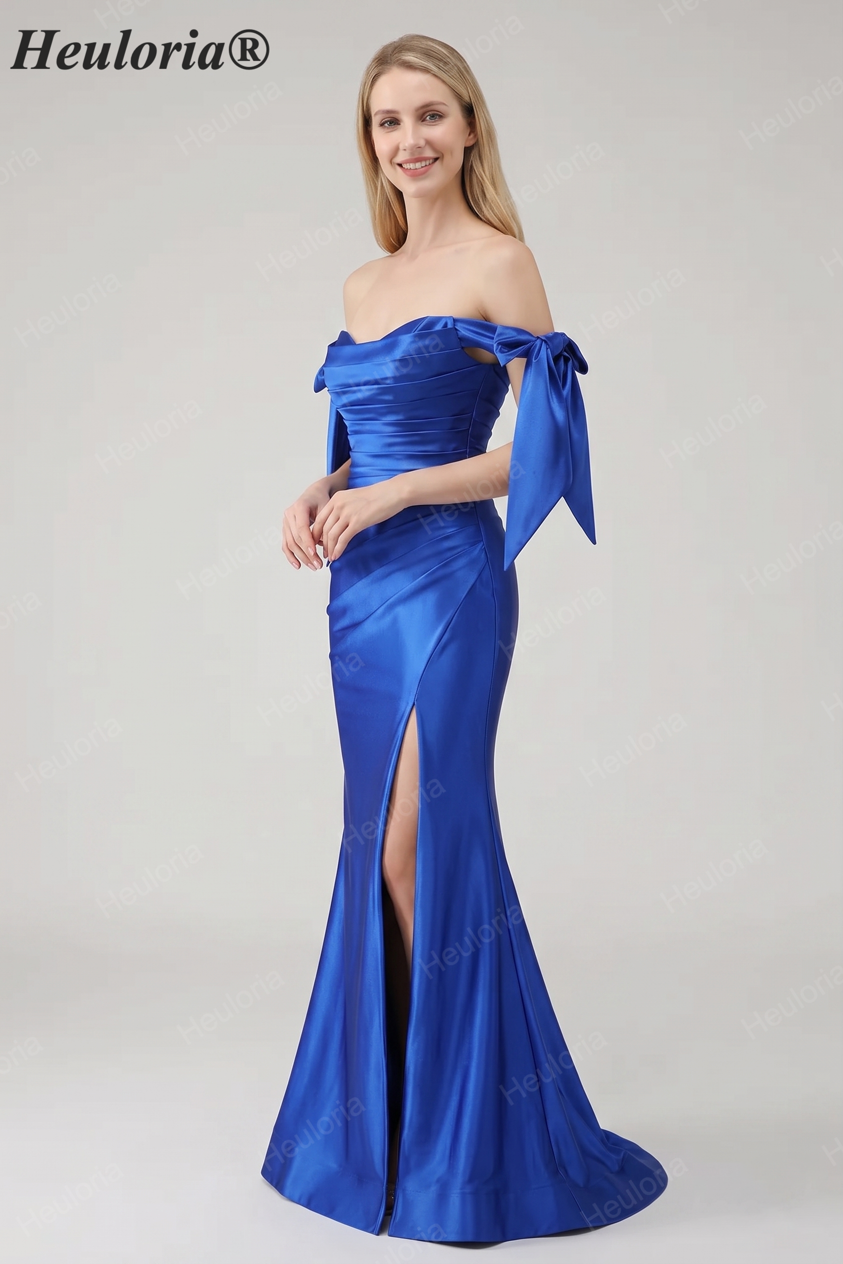 HEULORIA Elegant Royal Blue Off-the-Shoulder Satin Mermaid Evening Dress with High Slit and Bow Knots ED-504 Imagen secundaria del producto