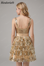 HEULORIA Sparkling Gold Tiered Sequin Mini Dress with Sweetheart Neckline and Rosette Detail ED-594