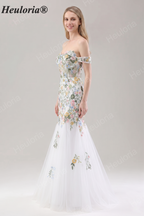 Heuloria Multicolor Floral Embroidered Off-the-Shoulder Tulle Mermaid Evening Dress ED-612