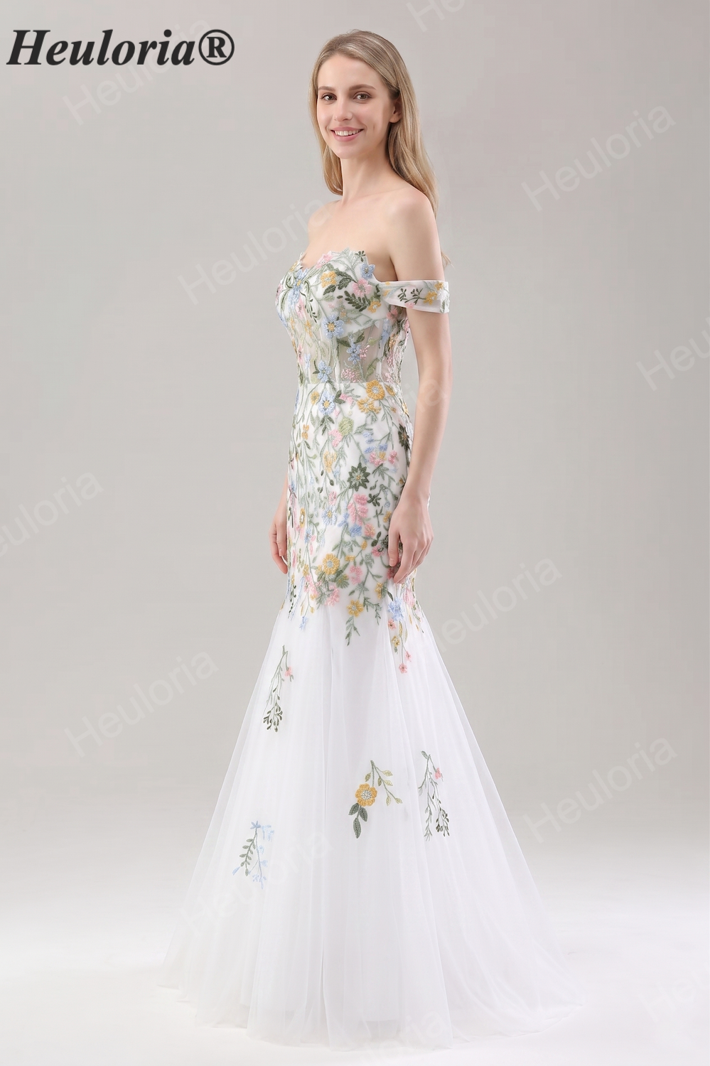 Heuloria Multicolor Floral Embroidered Off-the-Shoulder Tulle Mermaid Evening Dress ED-612