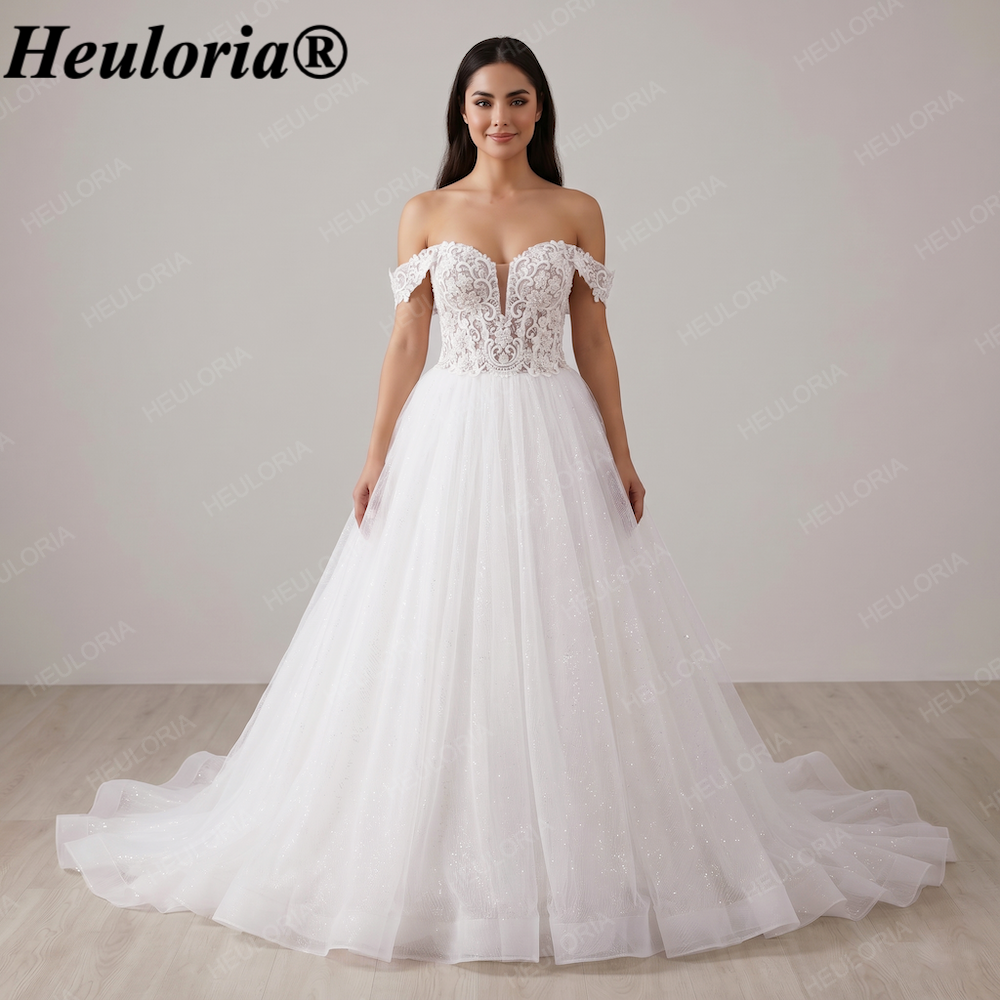 Off-the-Shoulder Beaded Lace & Glitter Tulle Wedding Dress BA-147