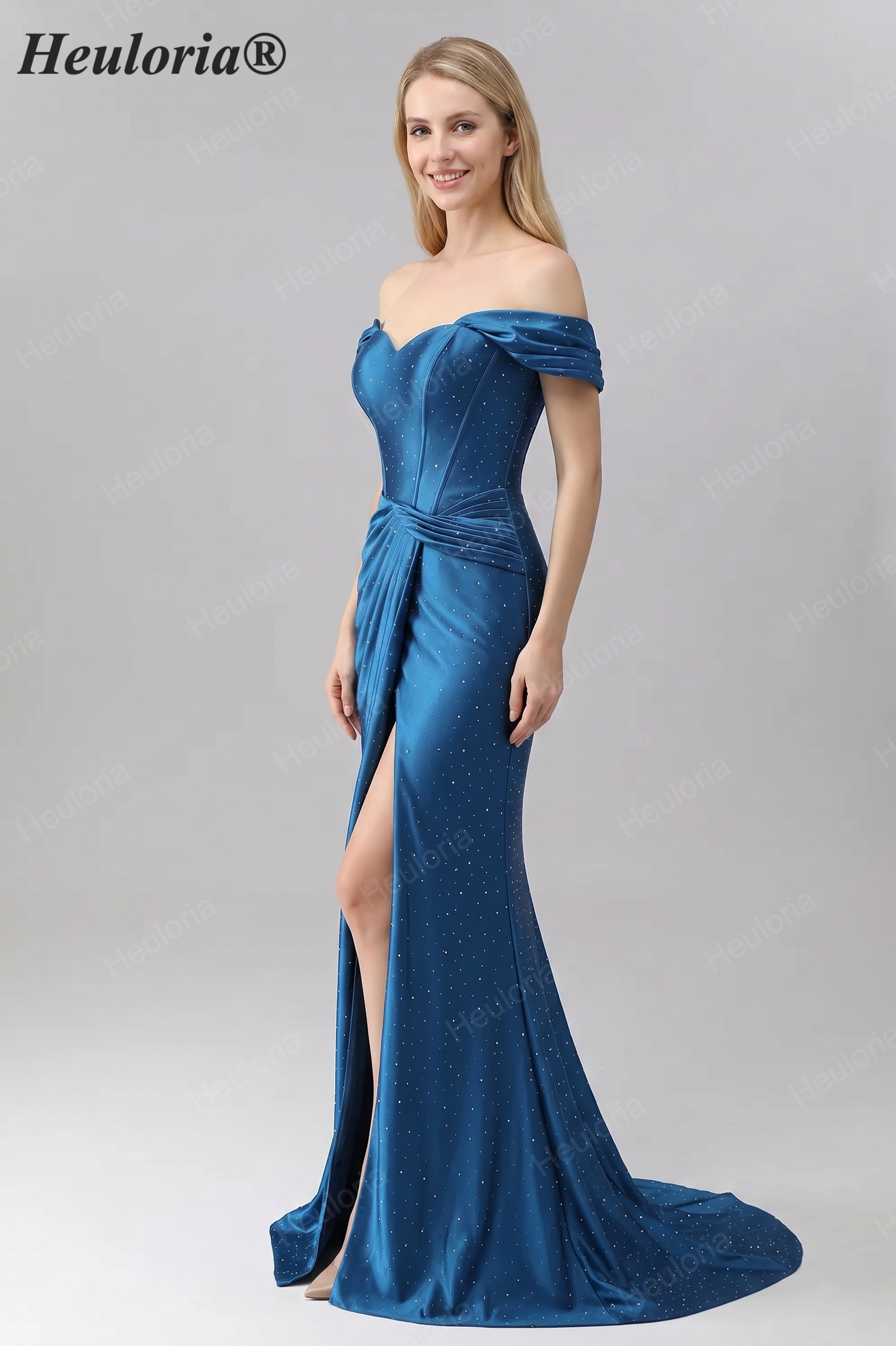 HEULORIA Elegant Off-the-Shoulder Sweetheart Mermaid Evening Dress - Shimmering Rhinestone Formal Gown with Side Slit ED-579 Imagen secundaria del producto