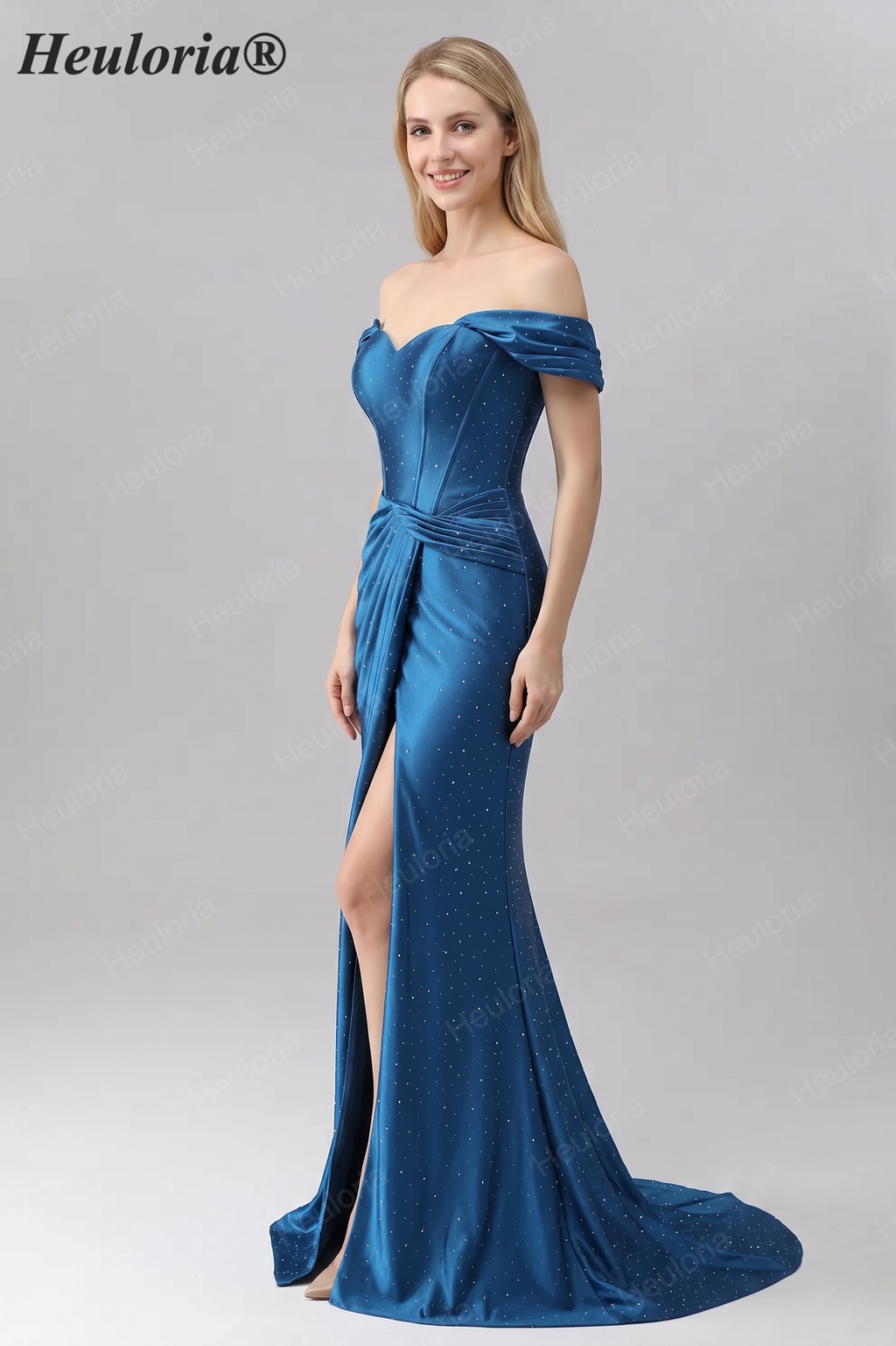 HEULORIA Elegant Off-the-Shoulder Sweetheart Mermaid Evening Dress - Shimmering Rhinestone Formal Gown with Side Slit ED-579