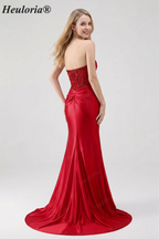 HEULORIA Elegant Red Mermaid Prom Dress with Illusion Lace Corset and High Slit ED-362