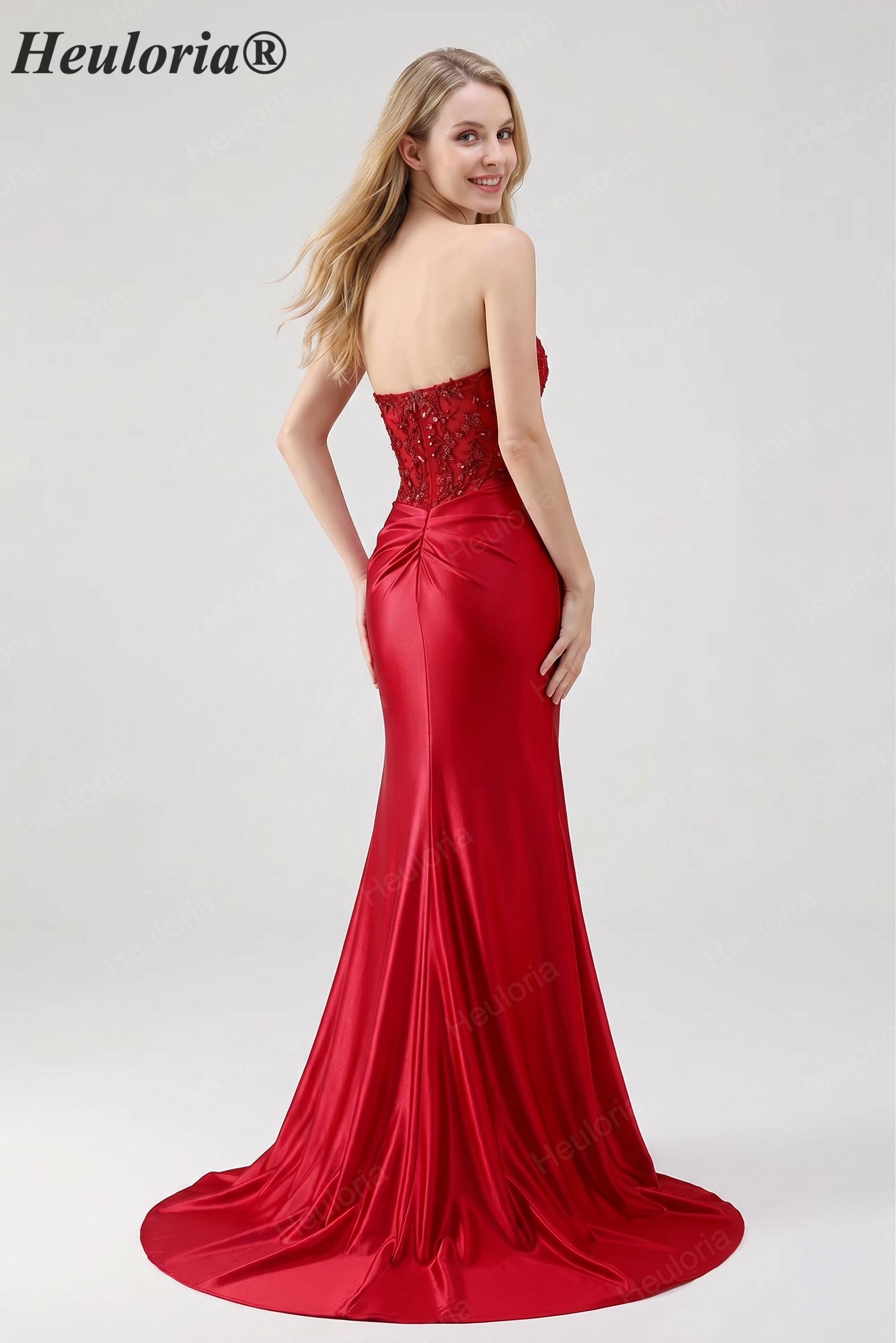 HEULORIA Elegant Red Mermaid Prom Dress with Illusion Lace Corset and High Slit ED-362