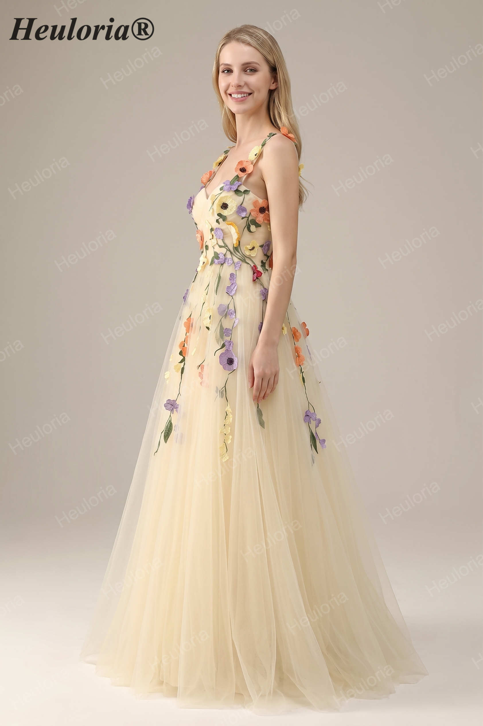 Heuloria Enchanted Garden 3D Floral Appliqué Tulle Prom Dress - Whimsical A-Line Formal Gown ED-585 Imagen secundaria del producto