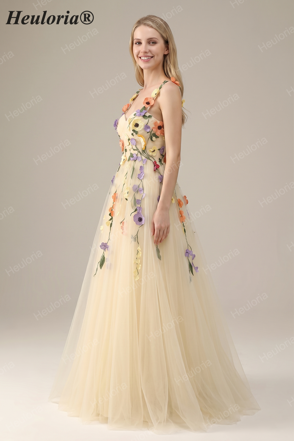 Heuloria Enchanted Garden 3D Floral Appliqué Tulle Prom Dress - Whimsical A-Line Formal Gown ED-585