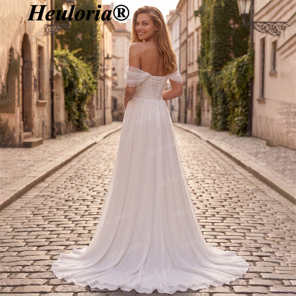 HEULORIA Ivory Sweetheart Off-the-Shoulder Chiffon Wedding Dress - Boho Romantic A-Line with Sweep Train AL-QK208