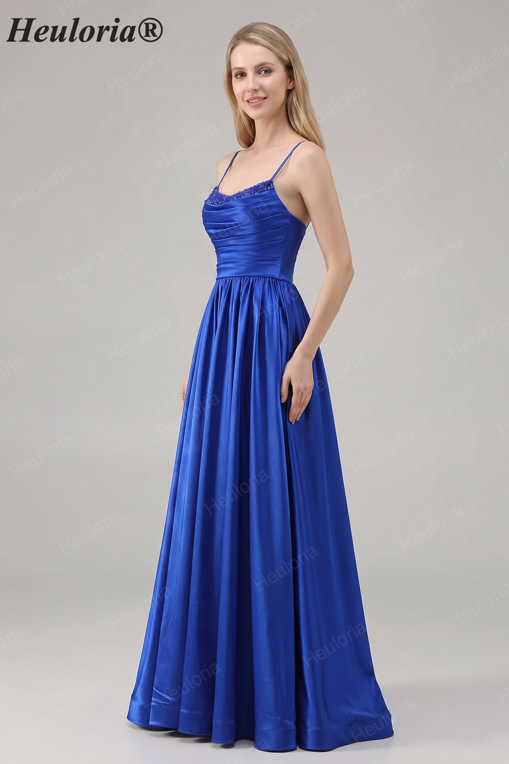 HEULORIA Royal Blue Satin A-Line Evening Dress with Beaded Neckline and Lace-up Back ED-523