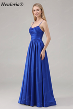 HEULORIA Royal Blue Satin A-Line Evening Dress with Beaded Neckline and Lace-up Back ED-523