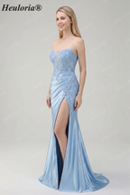 HEULORIA Elegant Light Blue Strapless Satin Prom Dress with Lace Appliques and High Slit ED-358