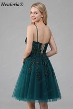 HEULORIA Sparkly Dark Green Short Prom Dress - Square Neck A-Line Tulle Homecoming Gown with Lace Appliqués ED-300