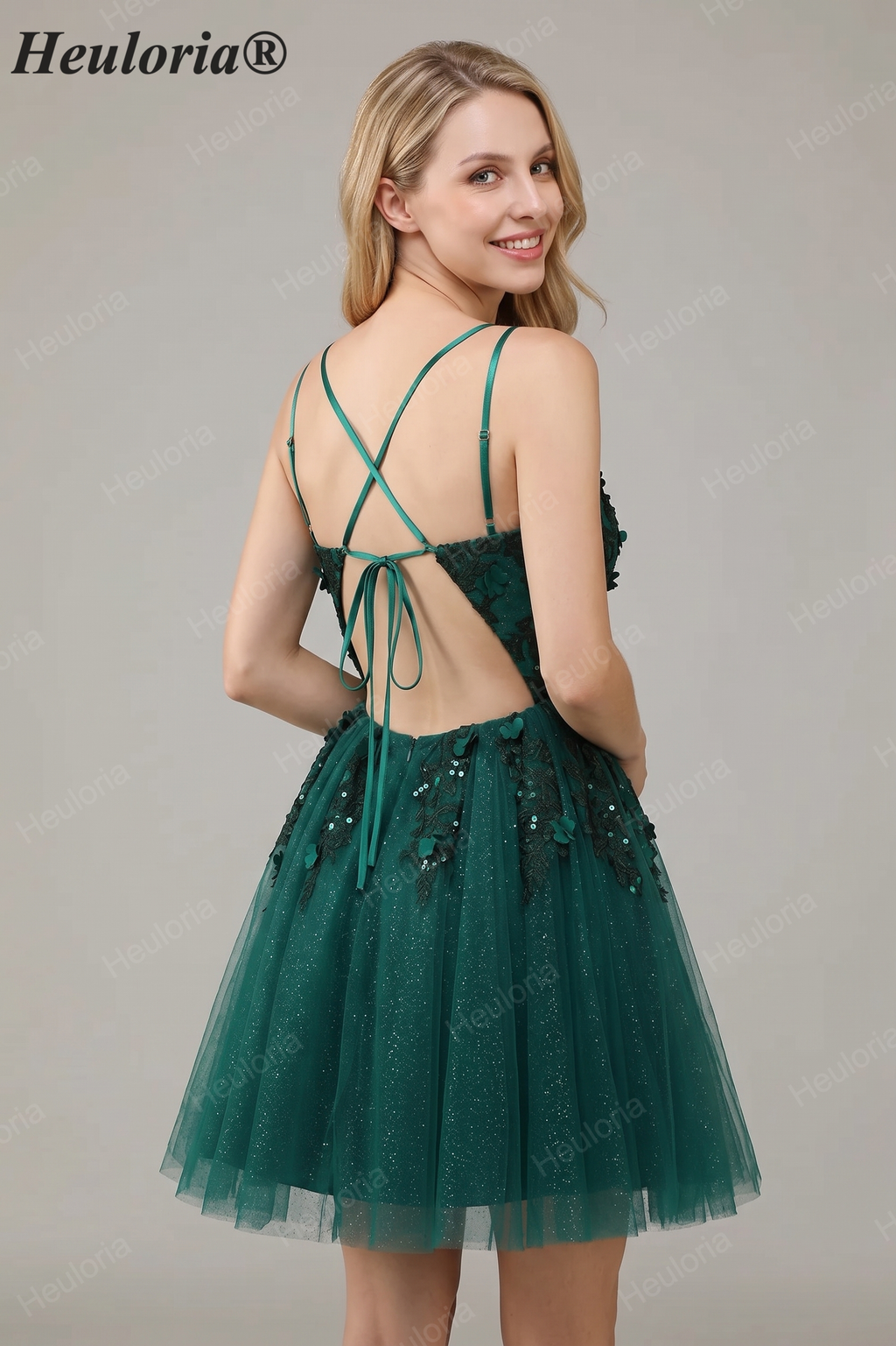 HEULORIA Sparkly Emerald Green V-Neck Homecoming Dress with 3D Floral Lace & Open Back ED-323