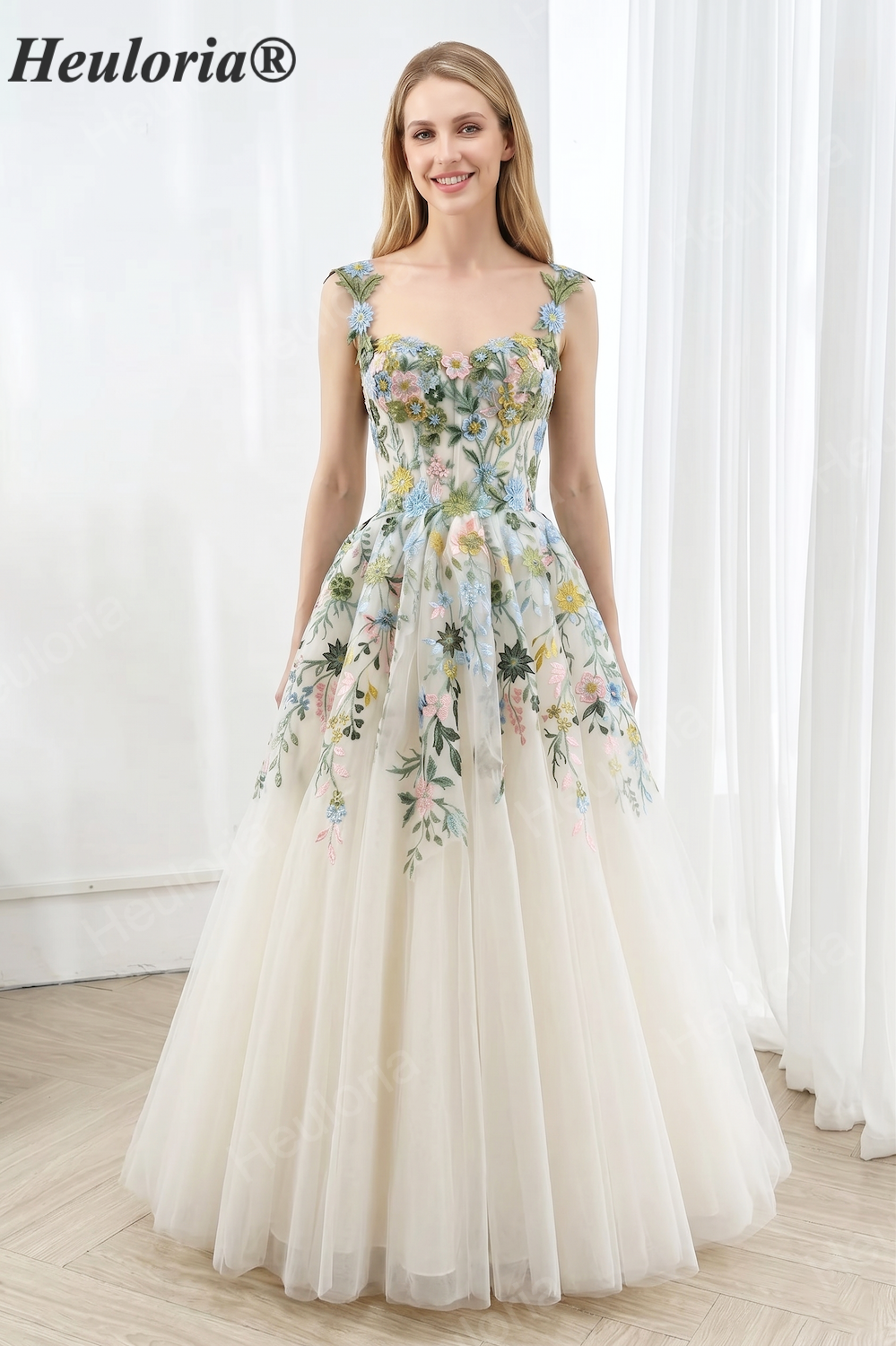 HEULORIA Whimsical Floral Embroidery A-Line Tulle Prom Gown - Fairycore Sweetheart Evening Dress with Corset Back ED-665 floor Imagen principal del producto