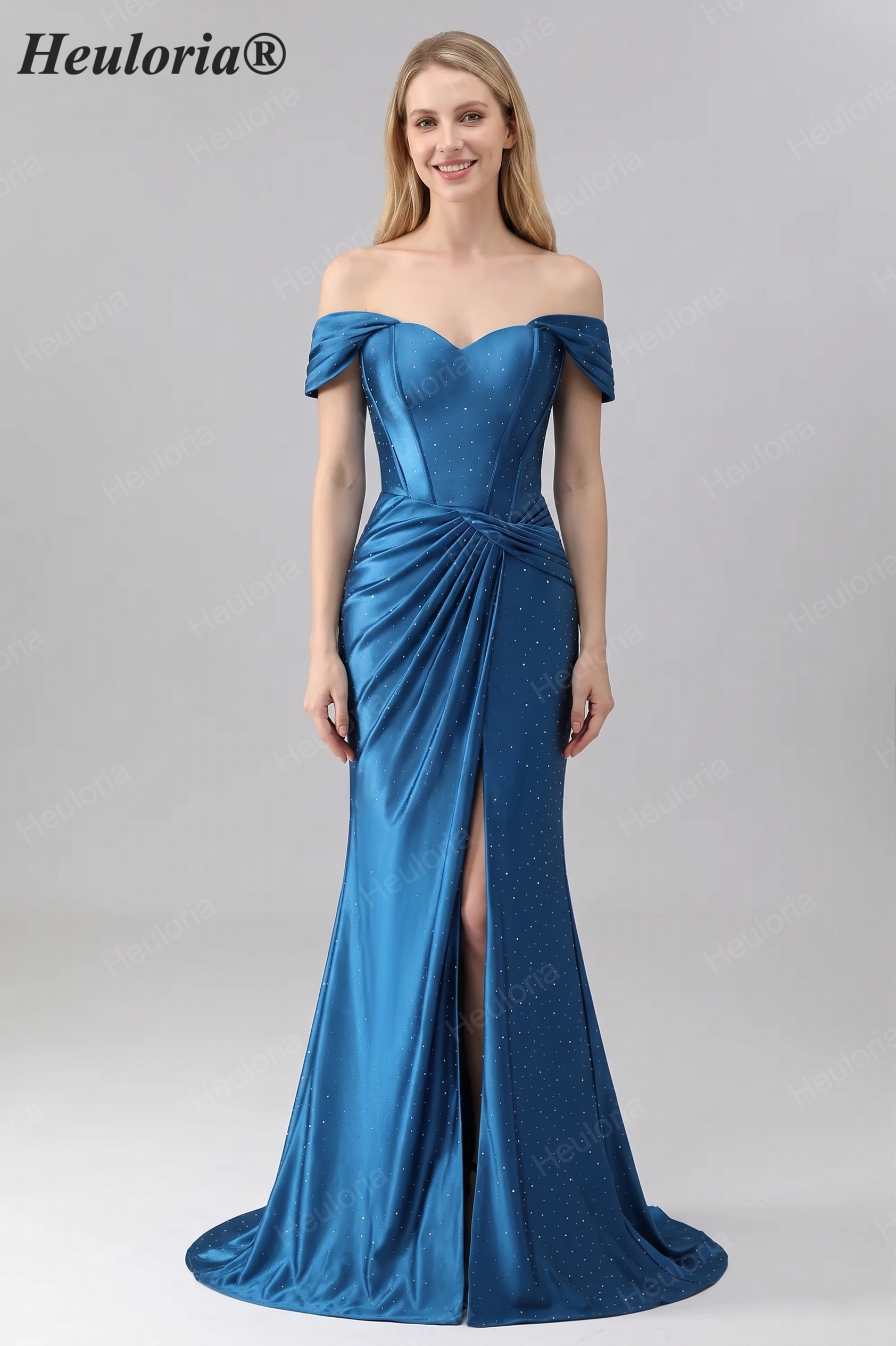 HEULORIA Elegant Off-the-Shoulder Sweetheart Mermaid Evening Dress - Shimmering Rhinestone Formal Gown with Side Slit ED-579