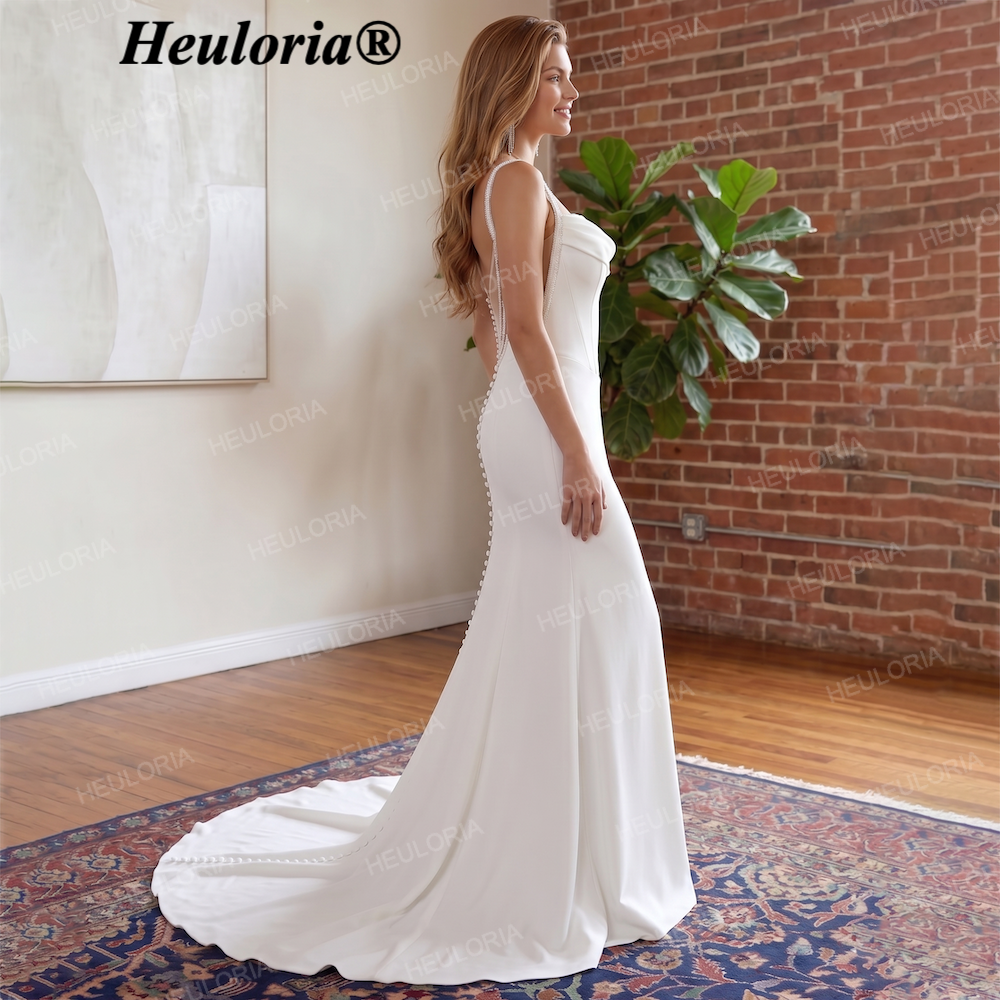 HEULORIA Minimalist Crepe Mermaid Wedding Dress with Cowl Neck & Illusion Pearl Back AL-QK216