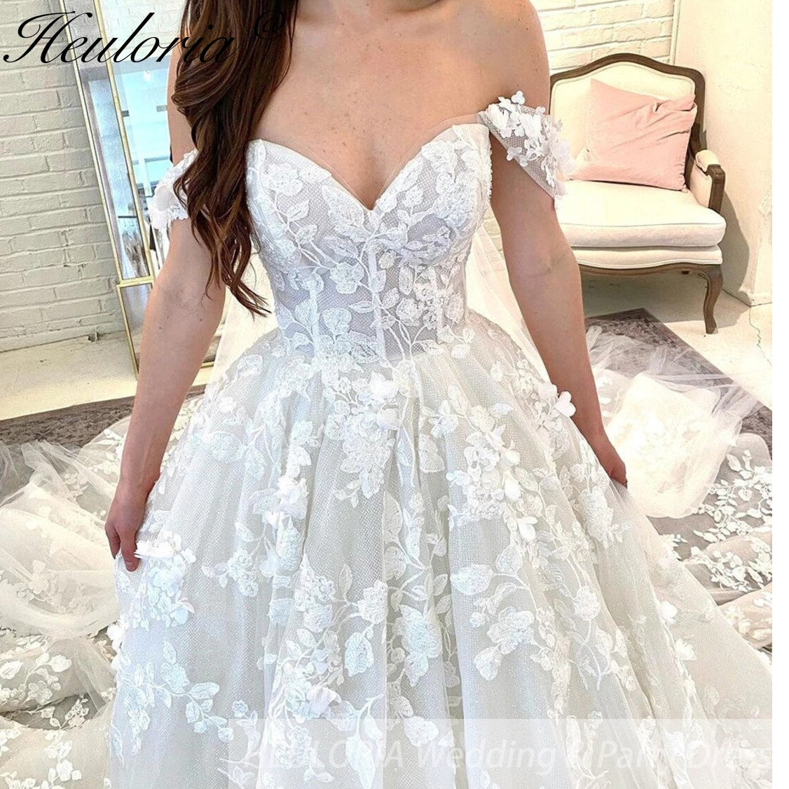 HEULORIA Princess Ball Gown Wedding Dress off shoulde bride dress plus size robe de mariee Lace beading Wedding Gown court train BA-626 Immagine secondaria del prodotto