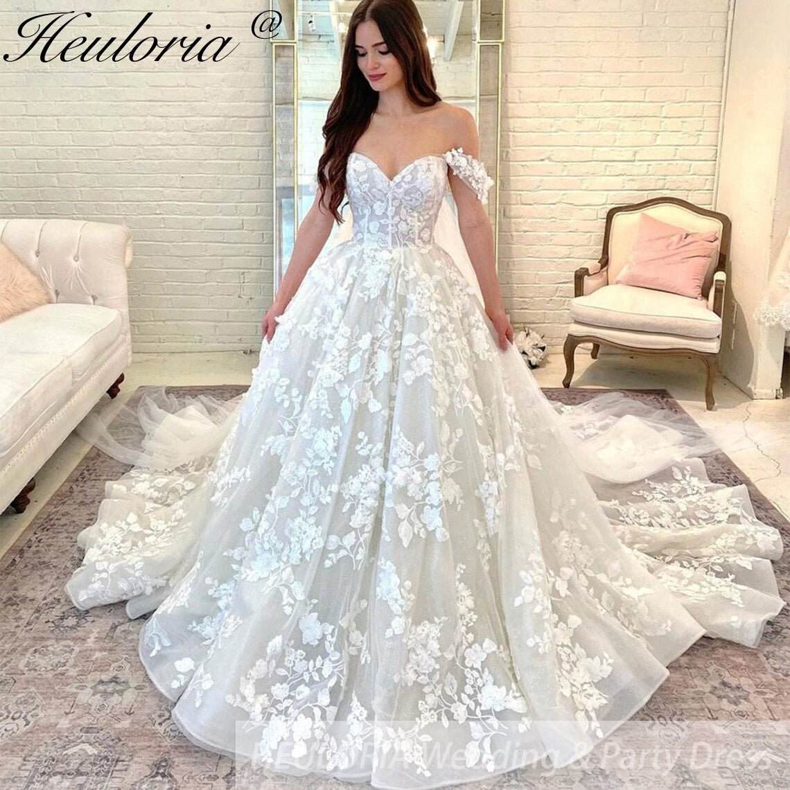 HEULORIA Princess Ball Gown Wedding Dress off shoulde bride dress plus size robe de mariee Lace beading Wedding Gown court train BA-626