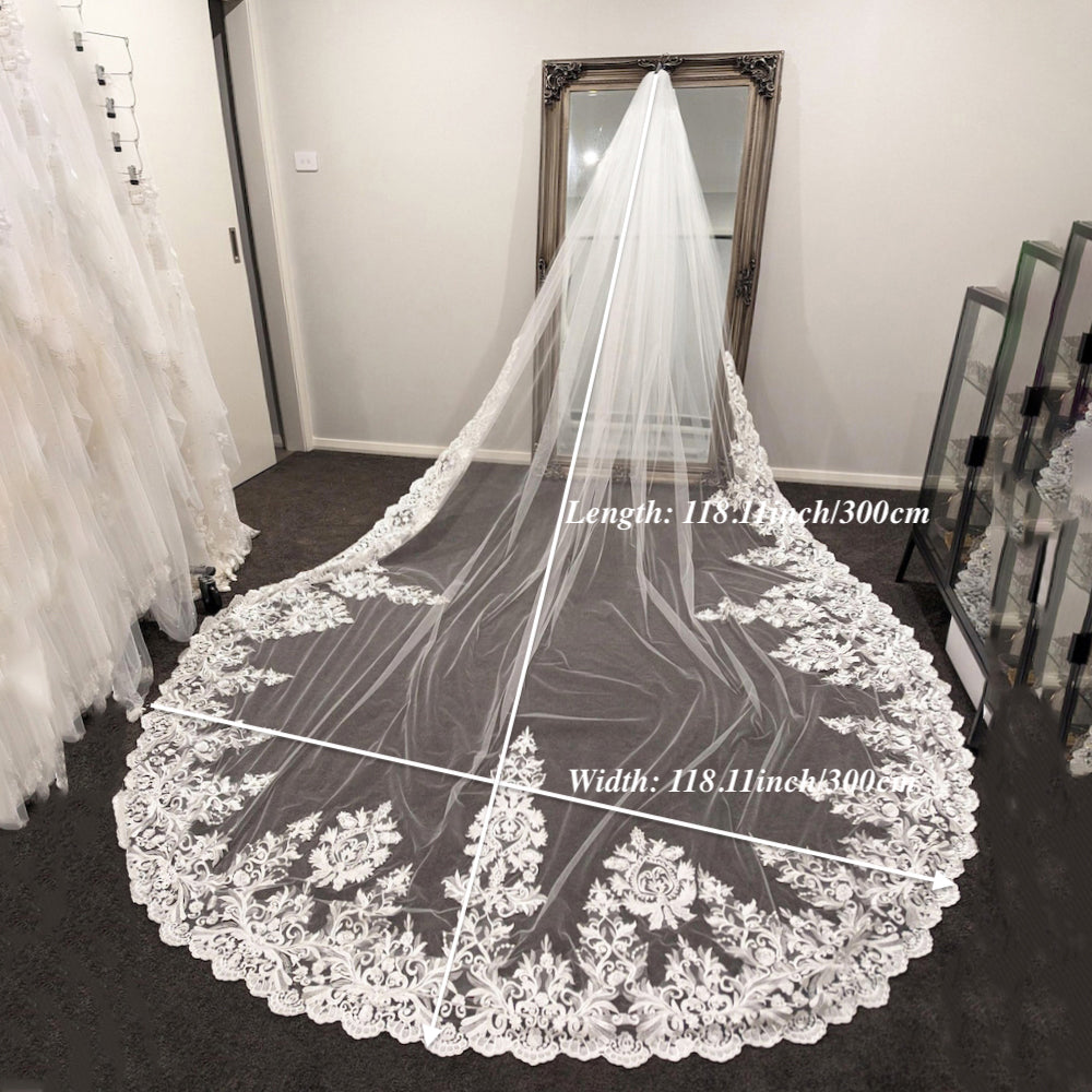 Vintage Lace Wedding Veils Floral Cathedral Veil,Floral Lace Cathedral Length Veil,Flowery Chapel Wedding Veil,Lace Chapel Length Veil/  VL-42
