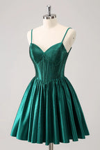 HEULORIA Sparkly Rhinestone Corset Satin Homecoming Dress - Sweetheart Neckline Spaghetti Strap Short Prom Gown ED-310