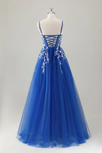 HEULORIA Enchanting 3D Floral Applique V-Neck Tulle A-Line Prom Dress - Corset Back Formal Gown ED-341